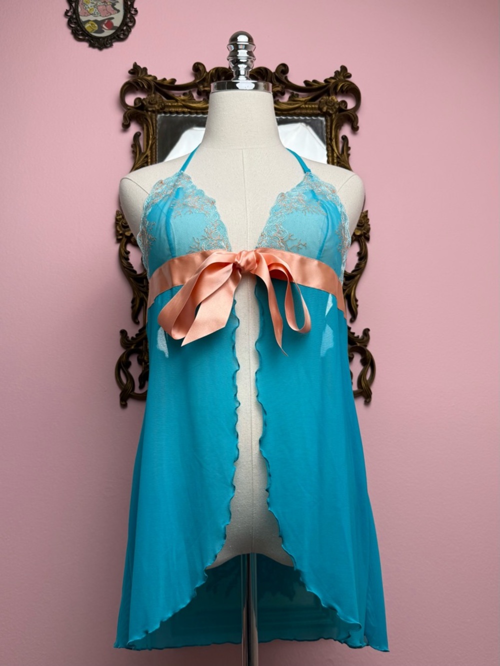 Victoria’s Secret Mermaid Turquoise Embroidered Micro Mesh Halter Nightie Large